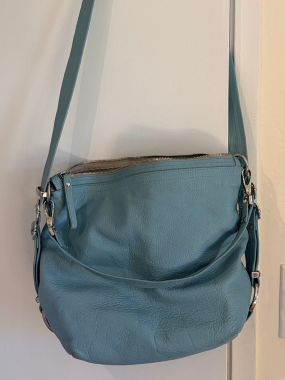 Light Teal Leather Purse Backpack, Custom Made